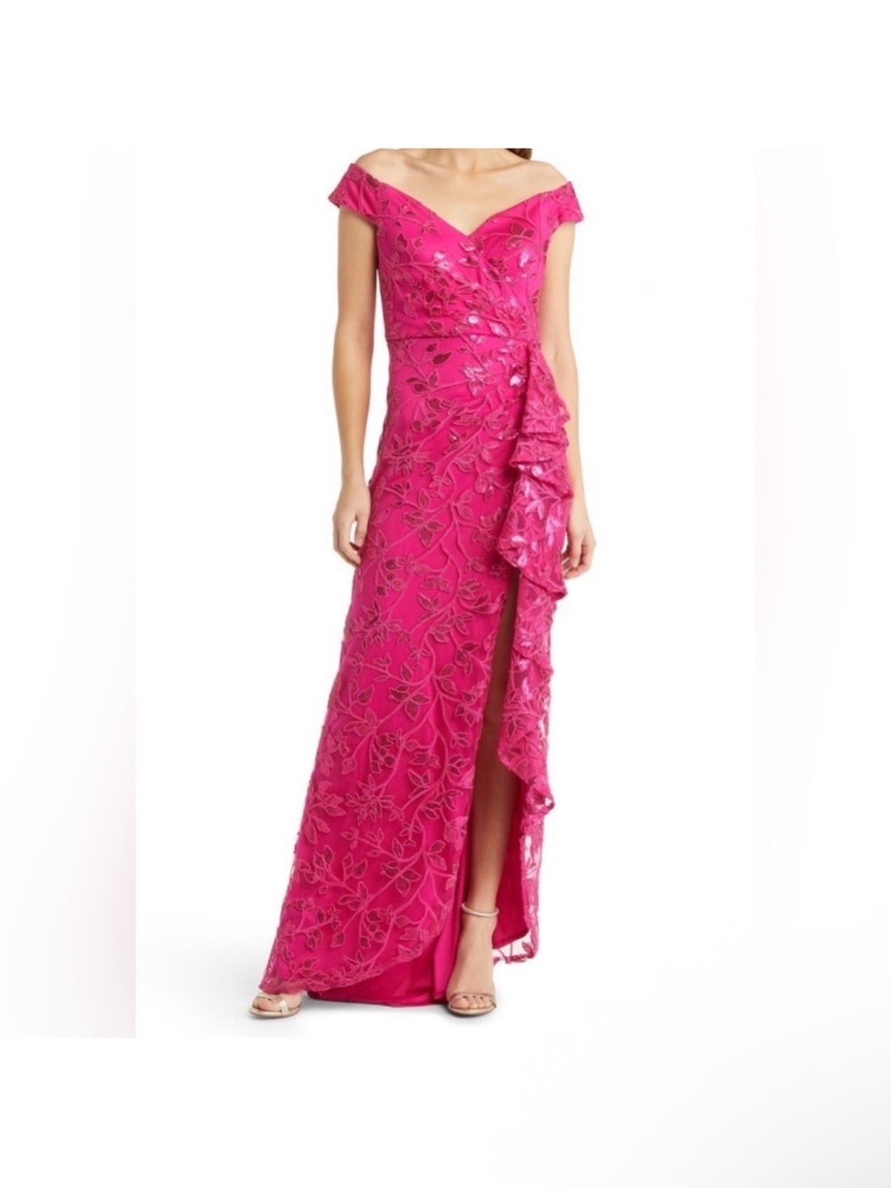 Tadashi Shoji Hot Pink One-Shoulder Floral Lace Evening Gown